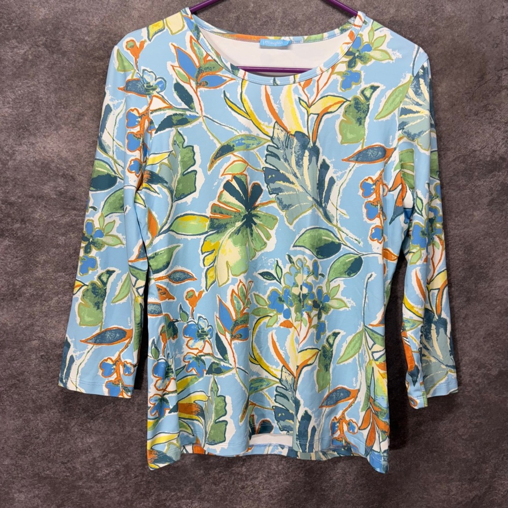 J.McLaughlin Signature Tee Size L 3/4 Sleeve Blue Tropical Floral Catalina Cloth